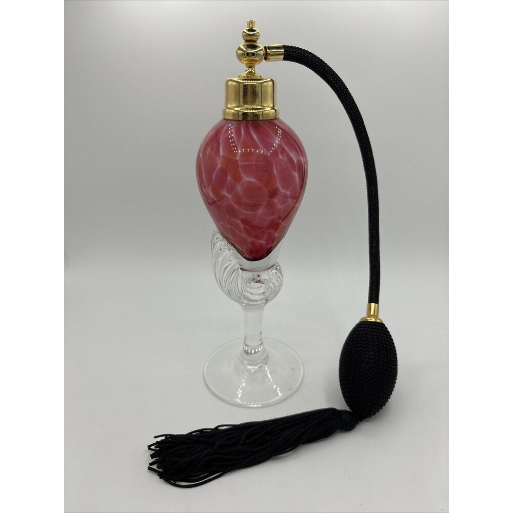 Hand Blown Glass Perfume Bottle Atomizer Pink/Red/Orange/Clear Swirl 8"